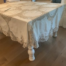 VTG Round 73  Ivory Linen And Beige Venitian Style Lace Tablecloth Handmade