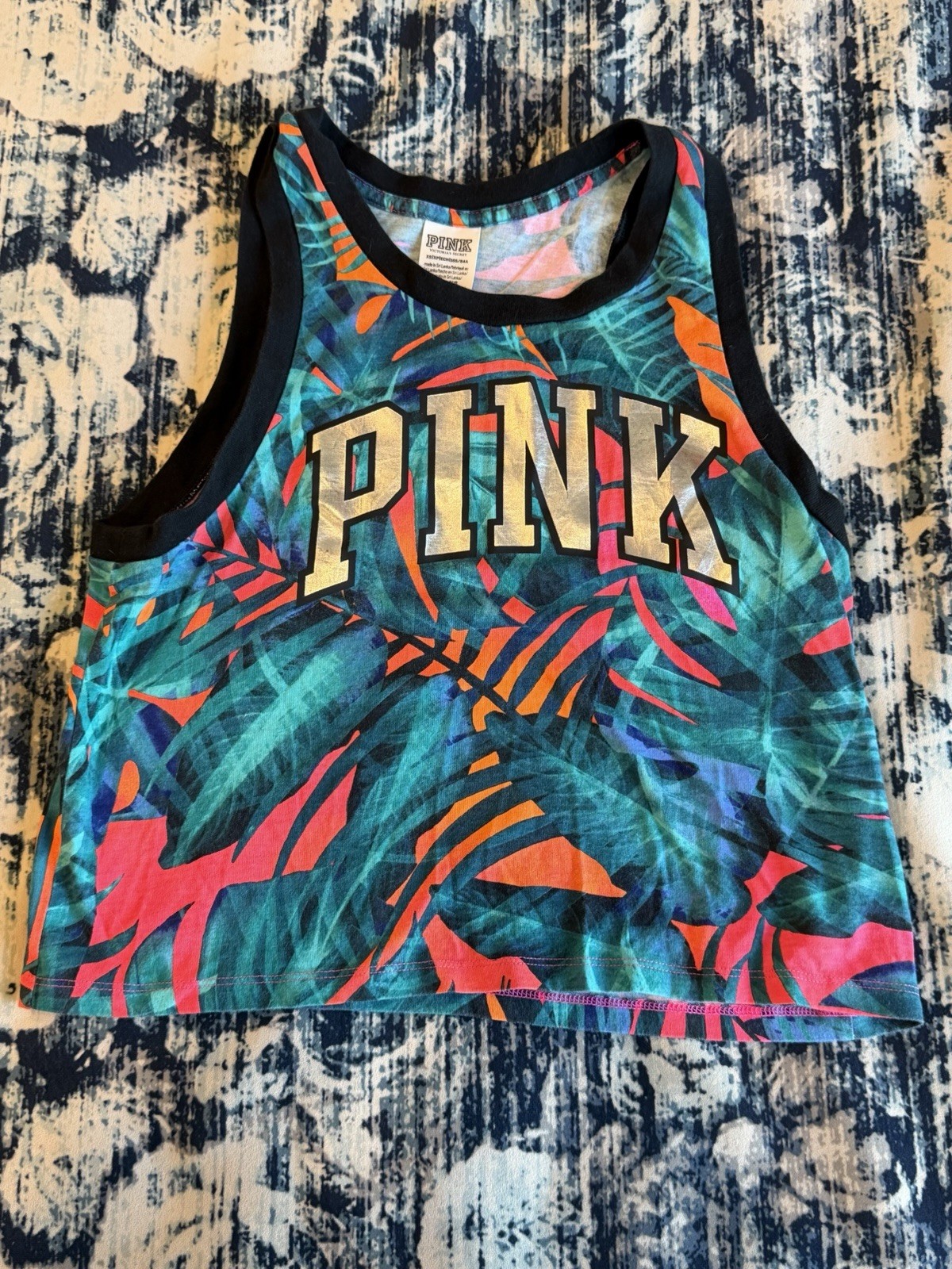 Victoria’s Secret PINK Tropical Silver Foil Logo Cropped Tank Women’s Size XS