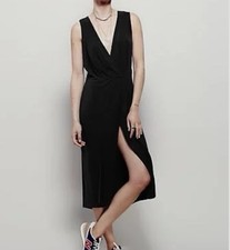 Free People Rising Sun Dress Small Black Ribbed Stretch Wrap V-Neck Front Slit