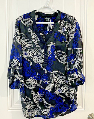 AB STUDIO Women's Large 3/4 Sleeve Retro Mod Print V-Neck Buttons Top Blue Black