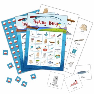 Fishing Bingo Cards, Camp Let's Go Fishing Bingo Games for 24 Players, Campin...