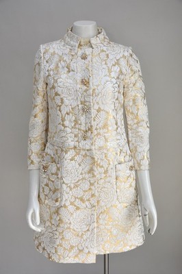 Vintage 1960s Metallic Gold Lame Pat Sandler Mod Dress Coat Wedding Party XS