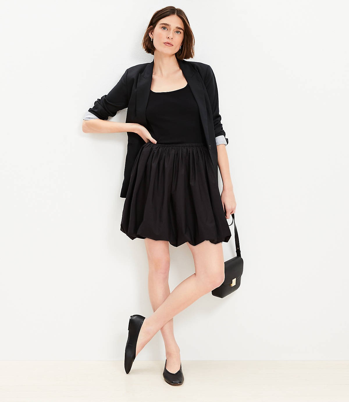 LOFT Black Large Poplin Ruched Bubble Mini Skirt 759161
