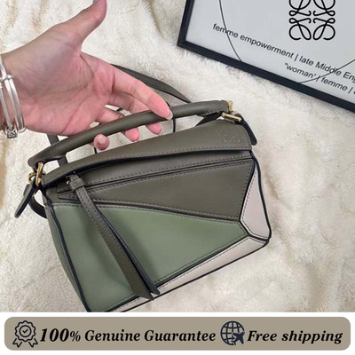 LOEWE Mini Puzzle 2 Way Shoulder Bag Calfskin Leather Green/Beige auth