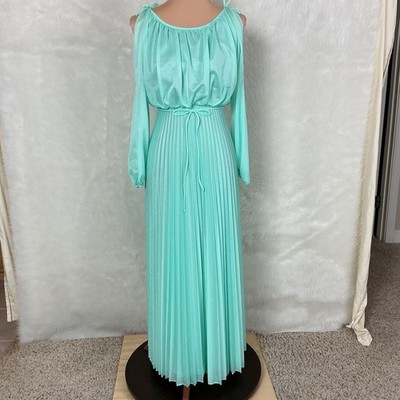 Vintage 70s Green Long Split Sleeve Pleated Maxi Dress Vintage 9-10 Modern S