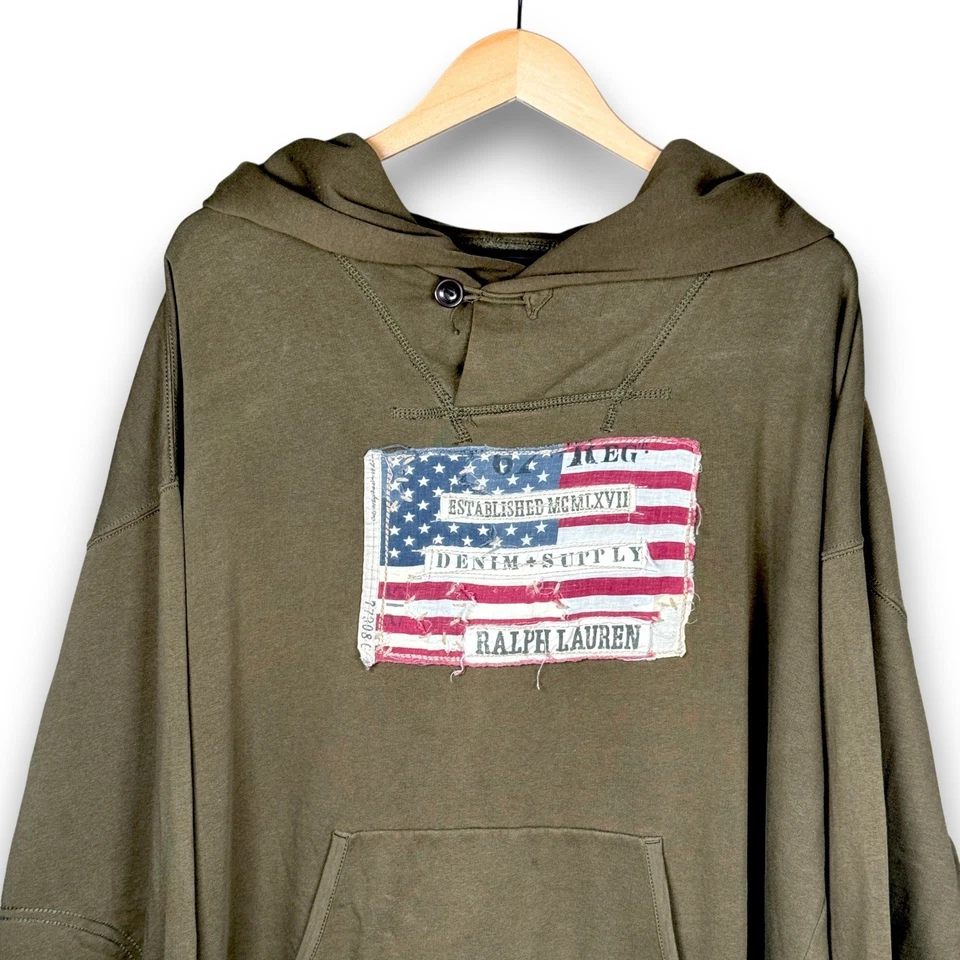 Sudadera con Capucha Gráfica Bandera Verde Oliva Denim & Supply De Colección Ralph Lauren XXL Para Hombres Y2K Años 90 Foto 3 de 4