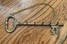 Vintage Brass Skeleton Key Shaped with 5 Hooks Key Hanger Holder  8”x4”