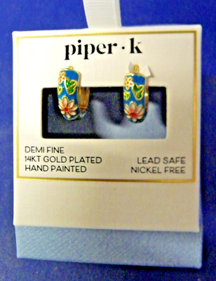 NEW IN BOX Piper K 14KT Gold Plated Hand Painted Flower Hoop Earrings Cloisonne