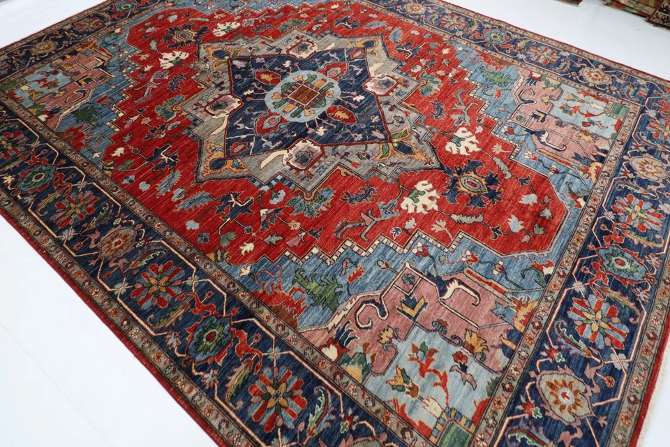 9 x 12 ft heriz Red Geometric Area Rug Afghan Hand Knotted Veg Dye Wool  Rug - Image 3 of 4