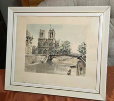Impresión litográfica firmada por Franz Herbelot Paris Notre Dame et La Seine arte enmarcado