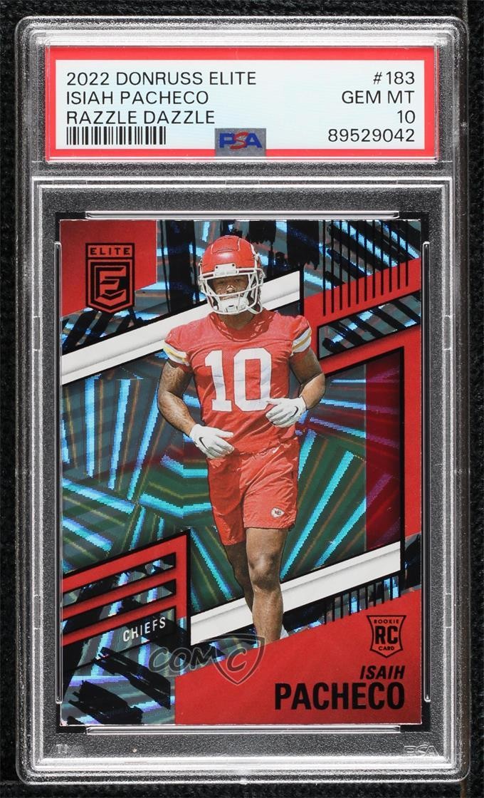 2022 Panini Donruss Elite Rookies Razzle Dazzle Isiah Pacheco PSA 10 GEM MT v1x