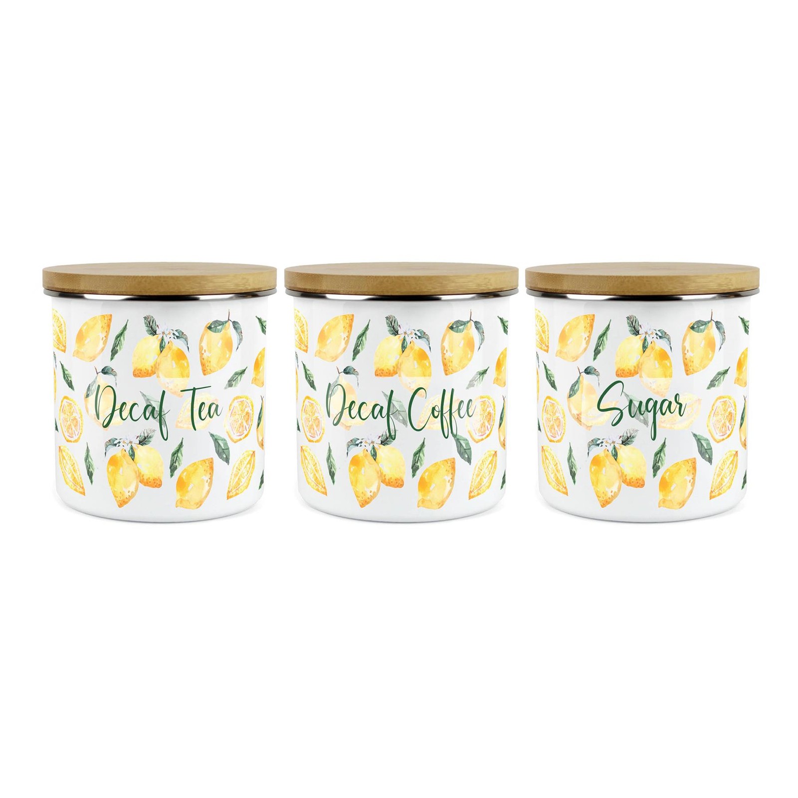 Lemons Decaf Tea, Decaf Coffee & Sugar Storage Canisters - Enamel Kitchen Gifts