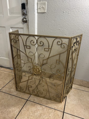 Vintage 3-Panel Fireplace Screen in Burnished Gold with Scroll Design
