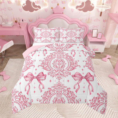Feelyou Girls Pink Bowknot Comforter Set Full Size Gothic Damask Comforter
