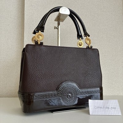 GIANNI VERSACE Sunburst Leather Patent Combination Handbag Dark Brown Gold Y2K