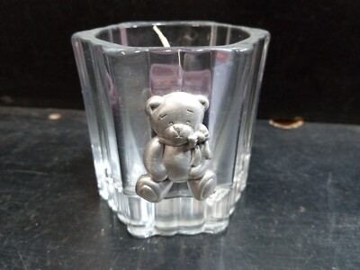 Vintage Clear Glass Ribbed Design hexagon Candle Company Votive Holder Teddybear