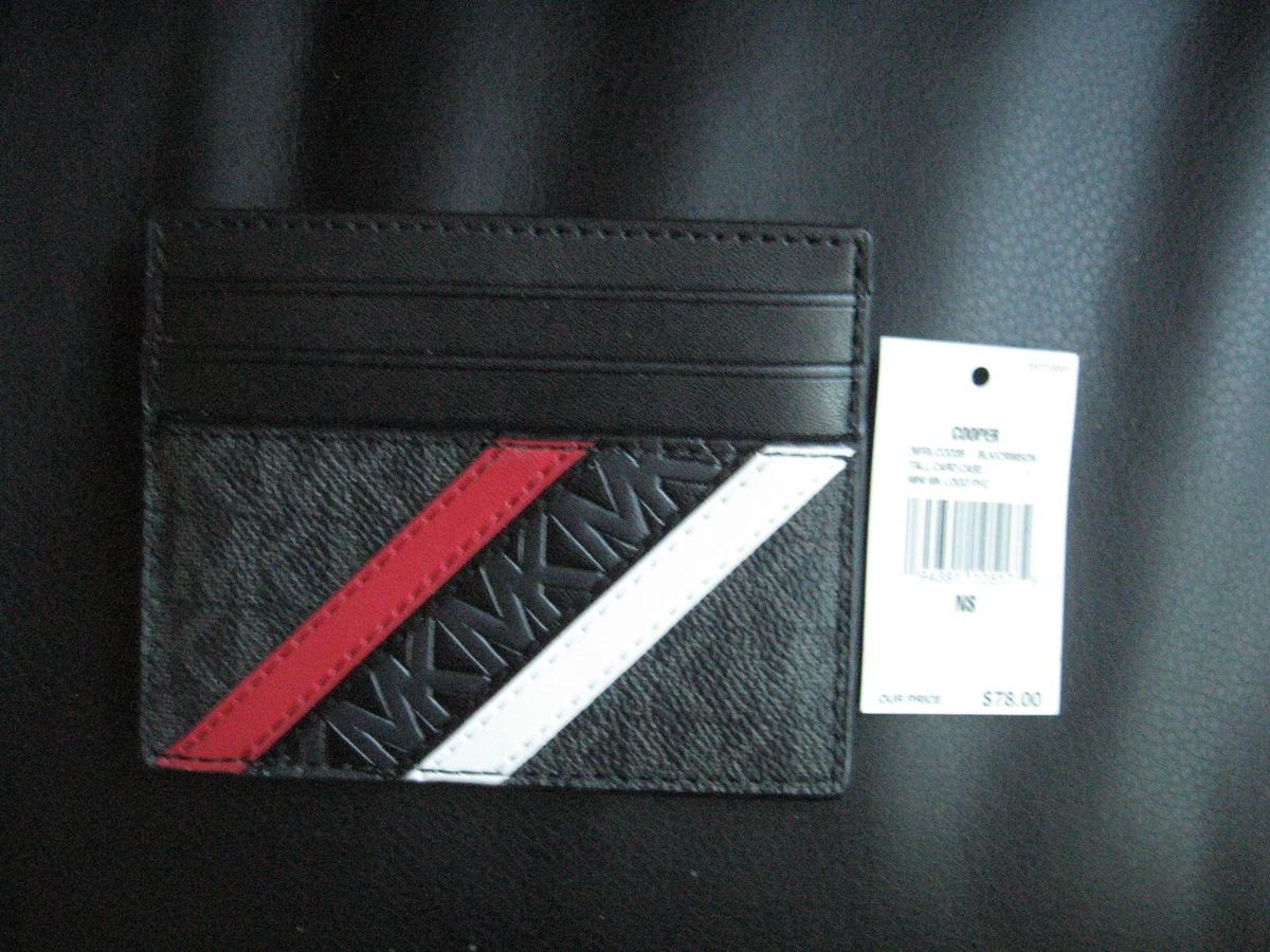 Michael Kors Cooper Tall Men's Black/Crimson Striped Card Case NWT