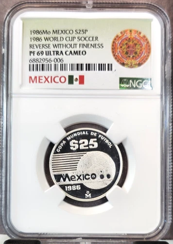 1986 MEXICO SILVER 25 PESOS WORLD CUP BALL NGC PF 69 ULTRA CAMEO TOP POP
