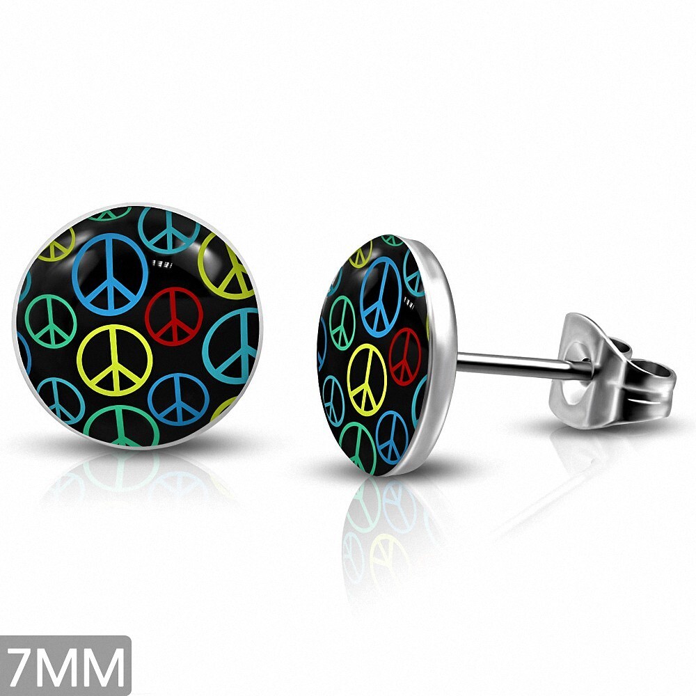 7mm Stainless Steel Round Peace Sign Earrings  