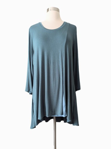 LOGO Lori Goldstein Top Tunic Knit Teal Green Blue Slit Stretch 3/4 Sleeve LARGE - Foto 1 di 8