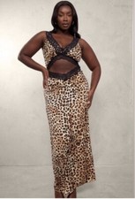 PRETTY LITTLE THING Animal Print Satin Lace Detail Maxi Dress Plus Size 14