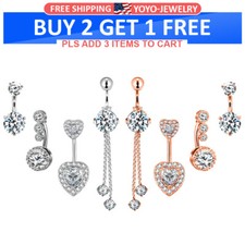 4-8Pcs Belly Button Ring Stainless Steel CZ Navel Ring Dangle Curved Barbell 14G