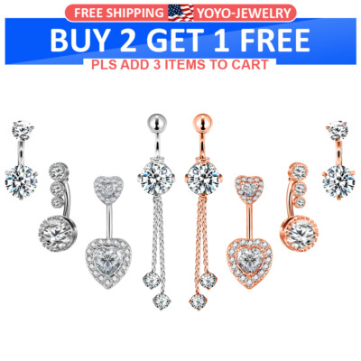 4-8Pcs Belly Button Ring Stainless Steel CZ Navel Ring Dangle Curved Barbell 14G