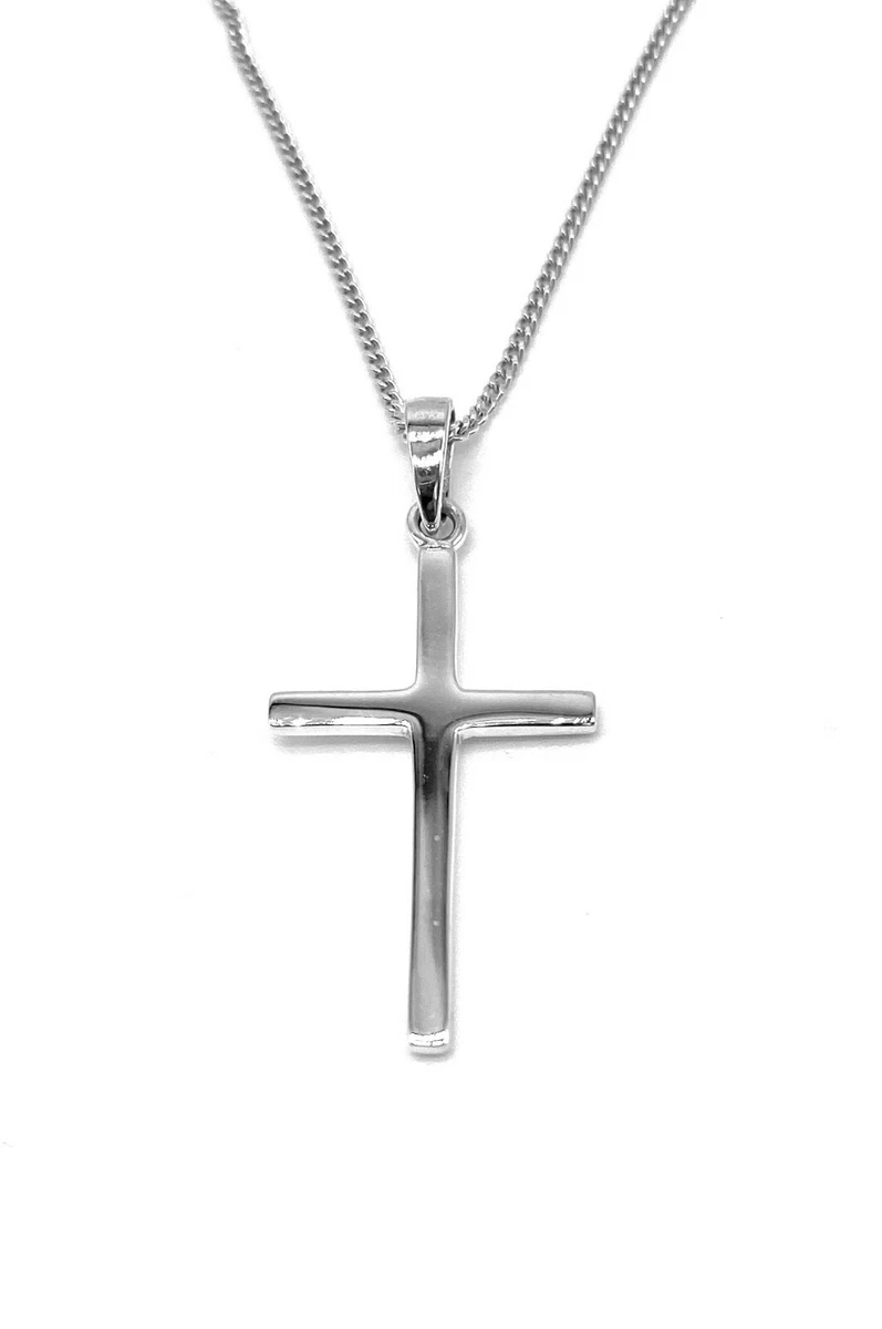 Long Thin Latin Cross Pendant 925 Sterling Silver on Silver Curb