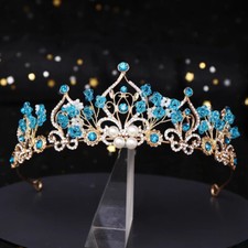 Gold Aqua Blue Crown Tiara real metal gift birthday gift diadem bridal