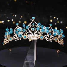 Gold Aqua Blue Crown Tiara real metal gift birthday gift diadem bridal