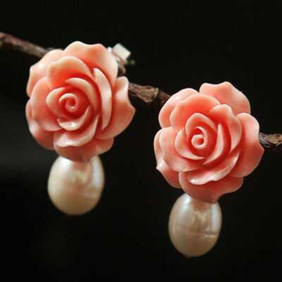 2023 New Freshwater pearl pink coral flower earrings Freshwater Gift