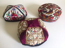 RARE VINTAGE UZBEK AFGHANI TURKMEN HAND EMBROIDERED TRIBAL HATS COLLECTION 3PC