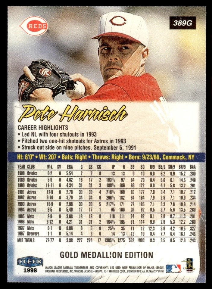 1998 Ultra Gold Medallion Pete Harnisch Cincinnati Reds #389G - Image 2 of 2