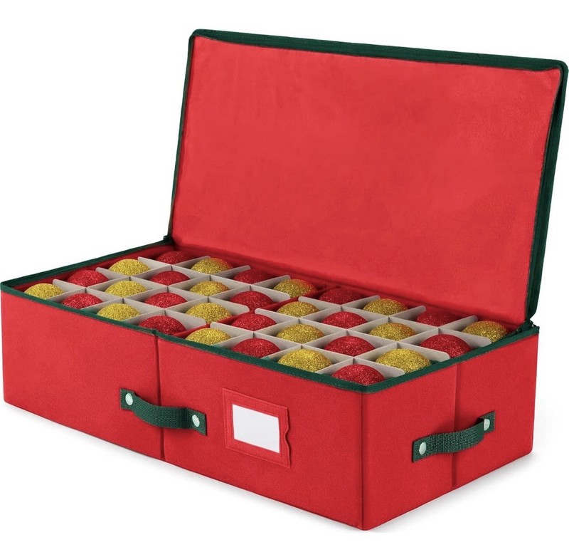 Christmas Ornament Storage Box -Up to 64 Holiday Ornaments with Adjustable Slots