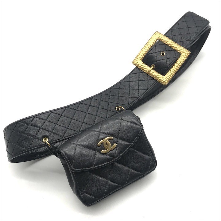 CHANEL Coco Mark Push Lock Mini Matelass Waist Pouch Bag Black Excellent Condition