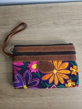 Roatan Boho Hippie Floral Embroidered Wristlet Leather Wallet Multi Color 8x5