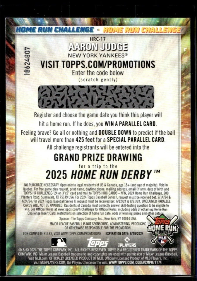 2024 Topps Series 1 Home Run Challenge Code Aaron Judge New York Yankees #HRC-17 - Image 2 of 2