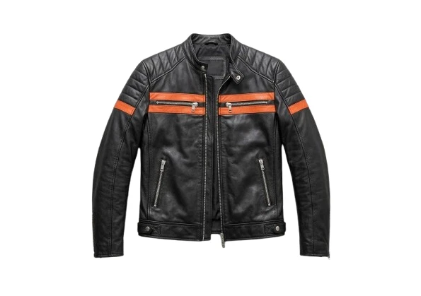 Men’s Black Leather Jacket Slim Fit Biker Motorcycle Orange Stripe Fashion Zip