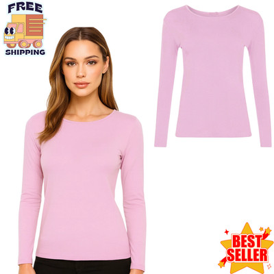 Damen Langarm Rundhals Uni Basic Damen Stretch T-Shirt Oberteil UK 8-26