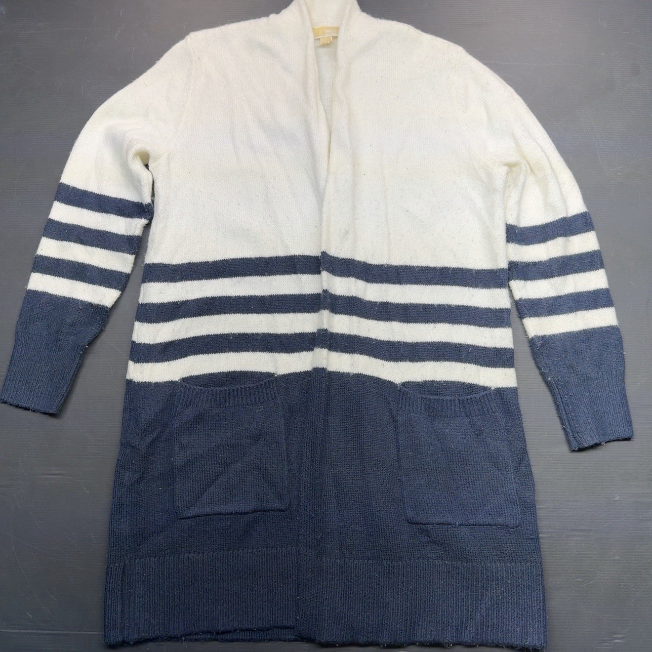 Michael Kors Cardigan Womens Size Medium Navy Ivory Open Front Pockets Longline