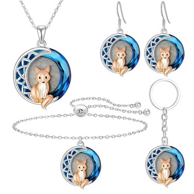 SUPAC Fox Pendant Jewelry Set, Silver Chain Necklace and Earrings, Blue Crystal