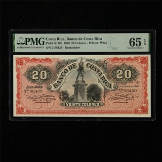 1906 Costa Rica Banco de Costa Rica 20 ColonesPick#S179r PMG 65EPQ UNC Resto