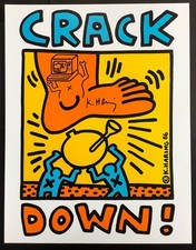 Poster di beneficenza Keith Haring Crack Down, firmato a mano con scarabocchi, 17x22 pollici