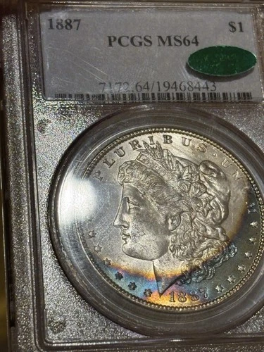 1887 Morgan Dollar Crescent Rainbow 🌈 Tone PCGS MS64 And CAC Approved