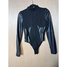 Maniere De Voir Black Vegan Leather Mixed Media Mock Neck Bodysuit US 12 UK 16