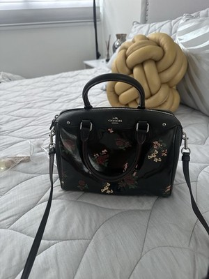 Coach Black Floral Small Satchel Top Handle Zip Silver Hardware Detachable Strap
