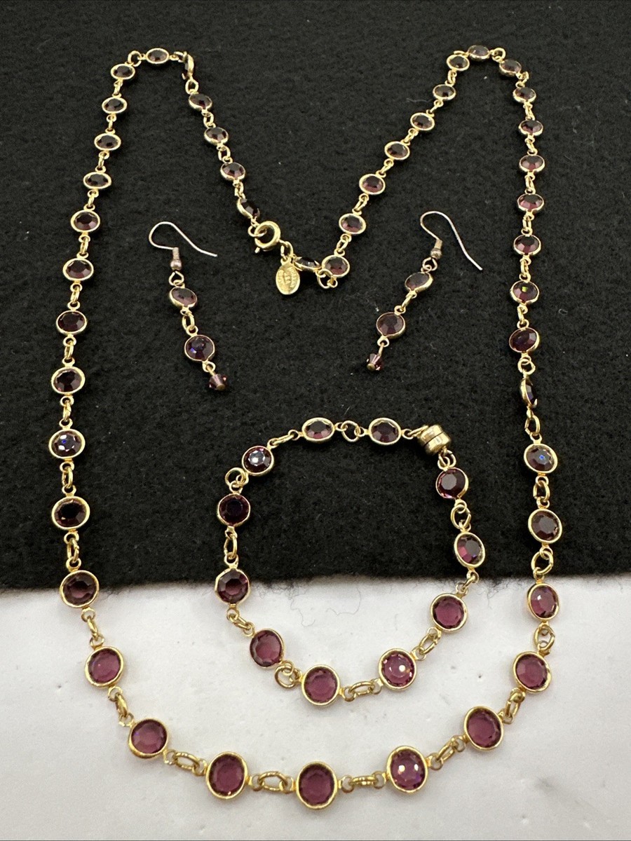 Vintage Austria Purple Crystal Bezel Set Necklace Bracelet Earring Set Gold Tone