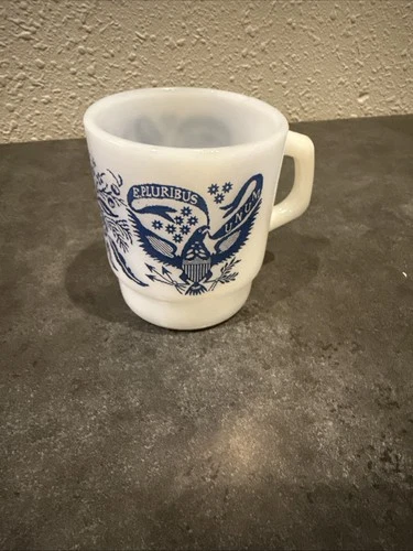 VTG Fire King Anchor Hocking Blue E Pluribus Unum Milk Glass Coffee Mug USA