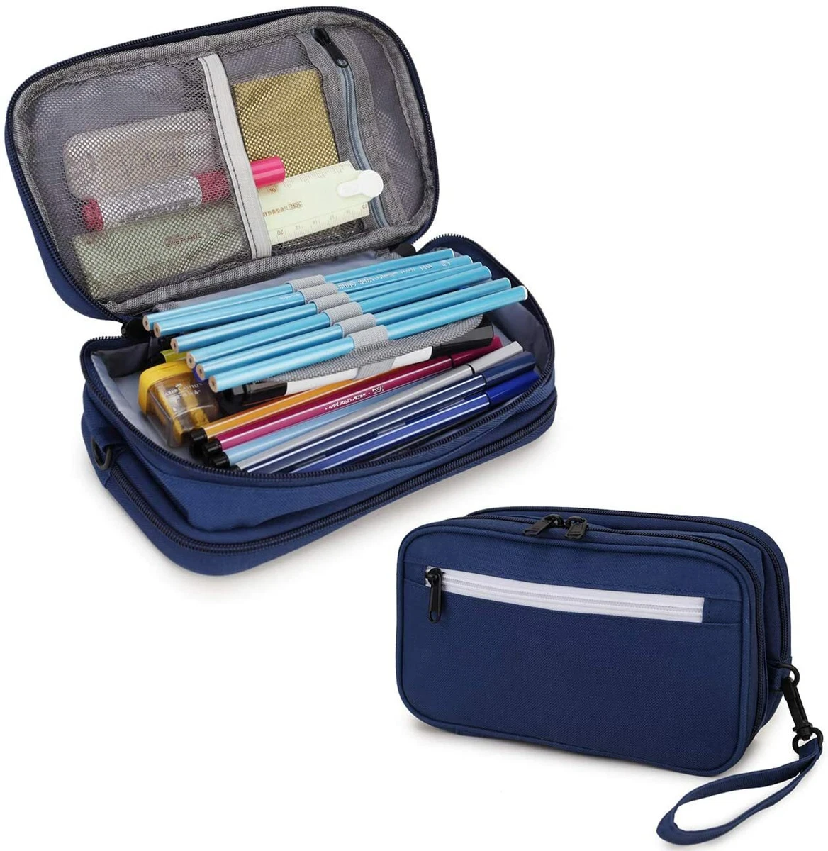 High Capacity Zipper Pens Pencil Case- Multi-Functional Stationery Pencil  Pouch Colored Pencil Case Portable Pencil Bags - blue 