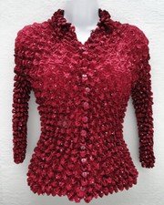 Nueva Blusa Top Camisa Roja Brillante Botón Frontal Palomitas Manga Larga